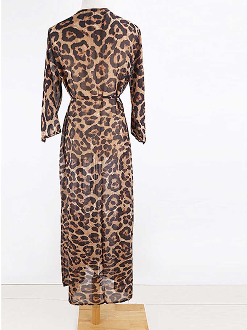 Leopard Print Leopard Color Chiffon Long Length Gown Kimono Duster Robe 2