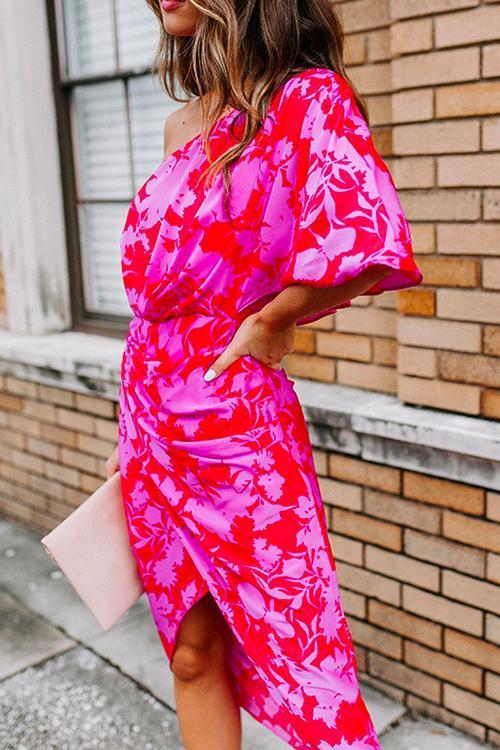 Casual One Shoulder Printed Tulip Hem Dress - Fashionpara