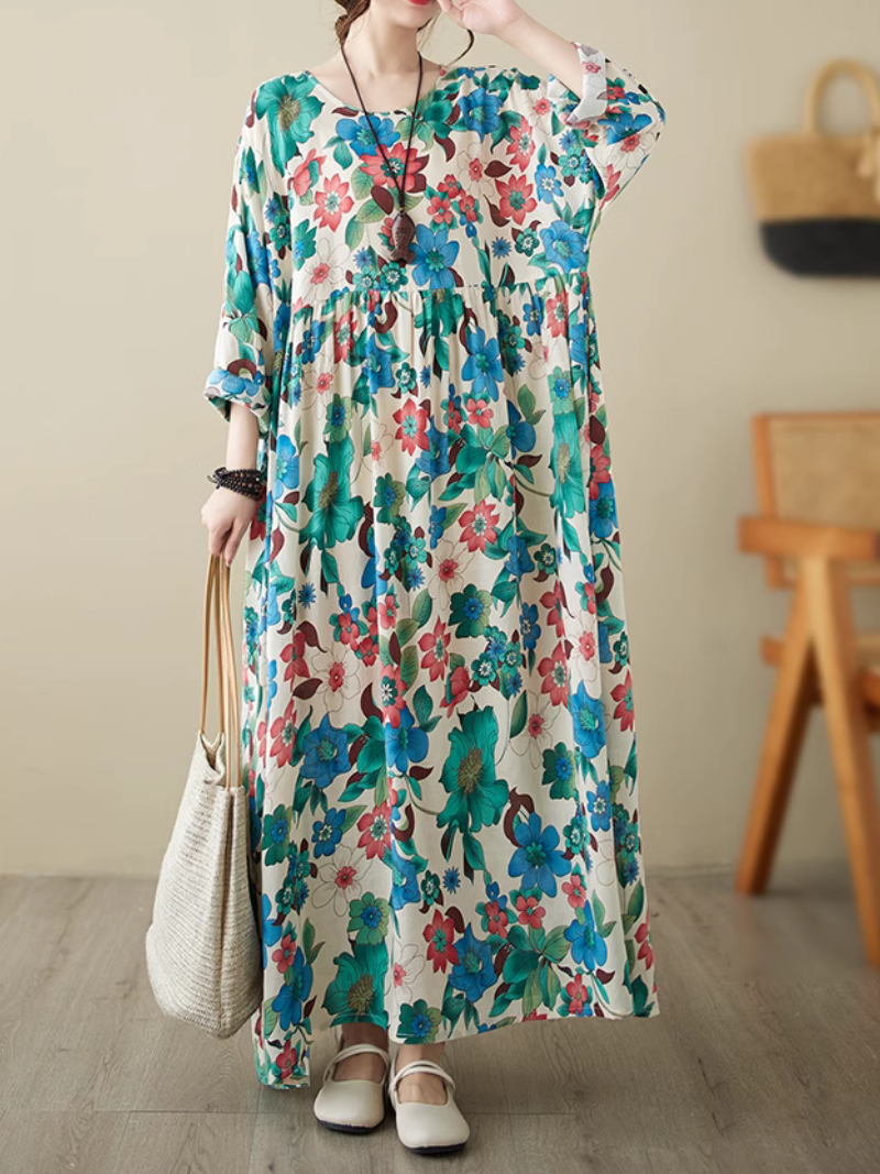 Abstract Print Round Neck Short Sleeve Cocoon Maxi Dress