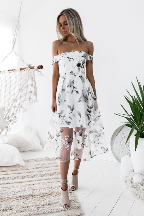 Tulle Floral Embroidered Off Shoulder Midi Dress