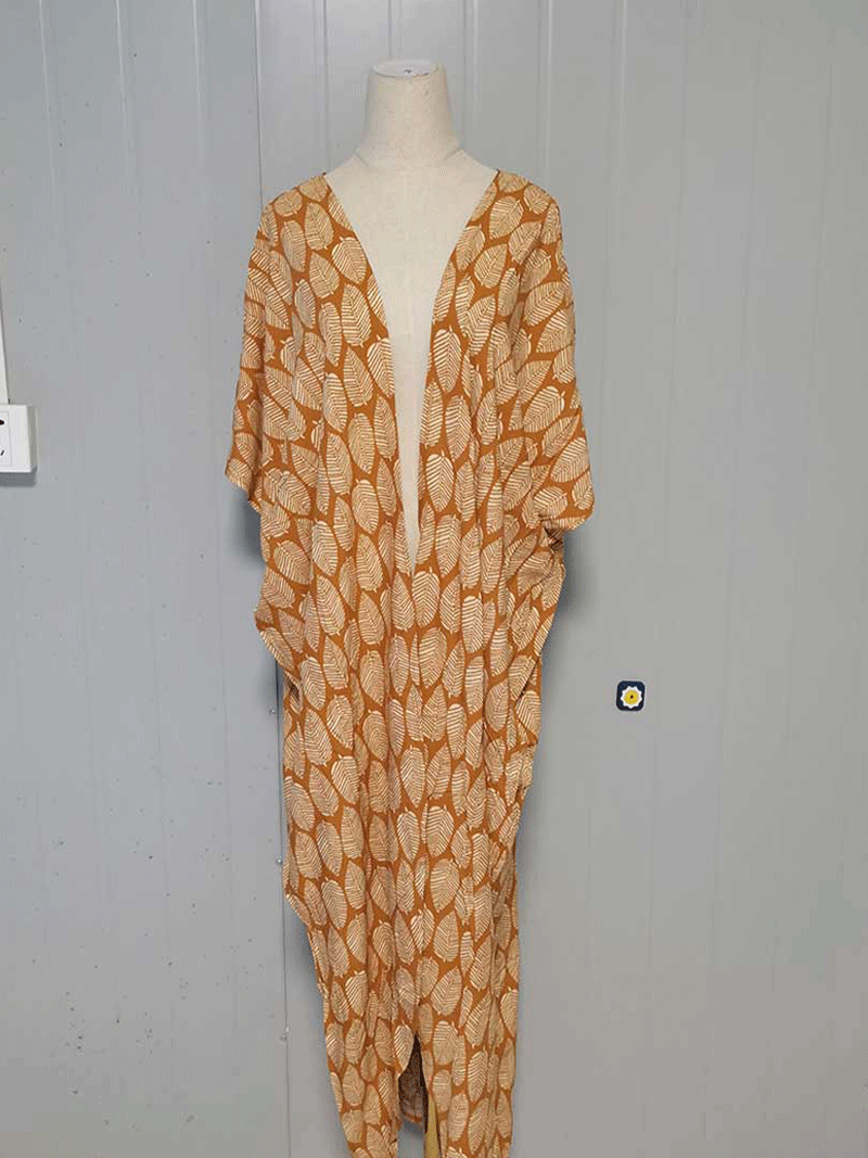 Printed Black & Yellow Color Polyester Long Length Gown Kimono Duster Robe 2