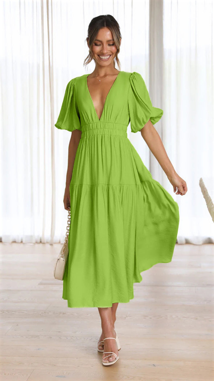 Plunge Neck Puff Sleeve Smocked Waist Tiered Midi Dress 3