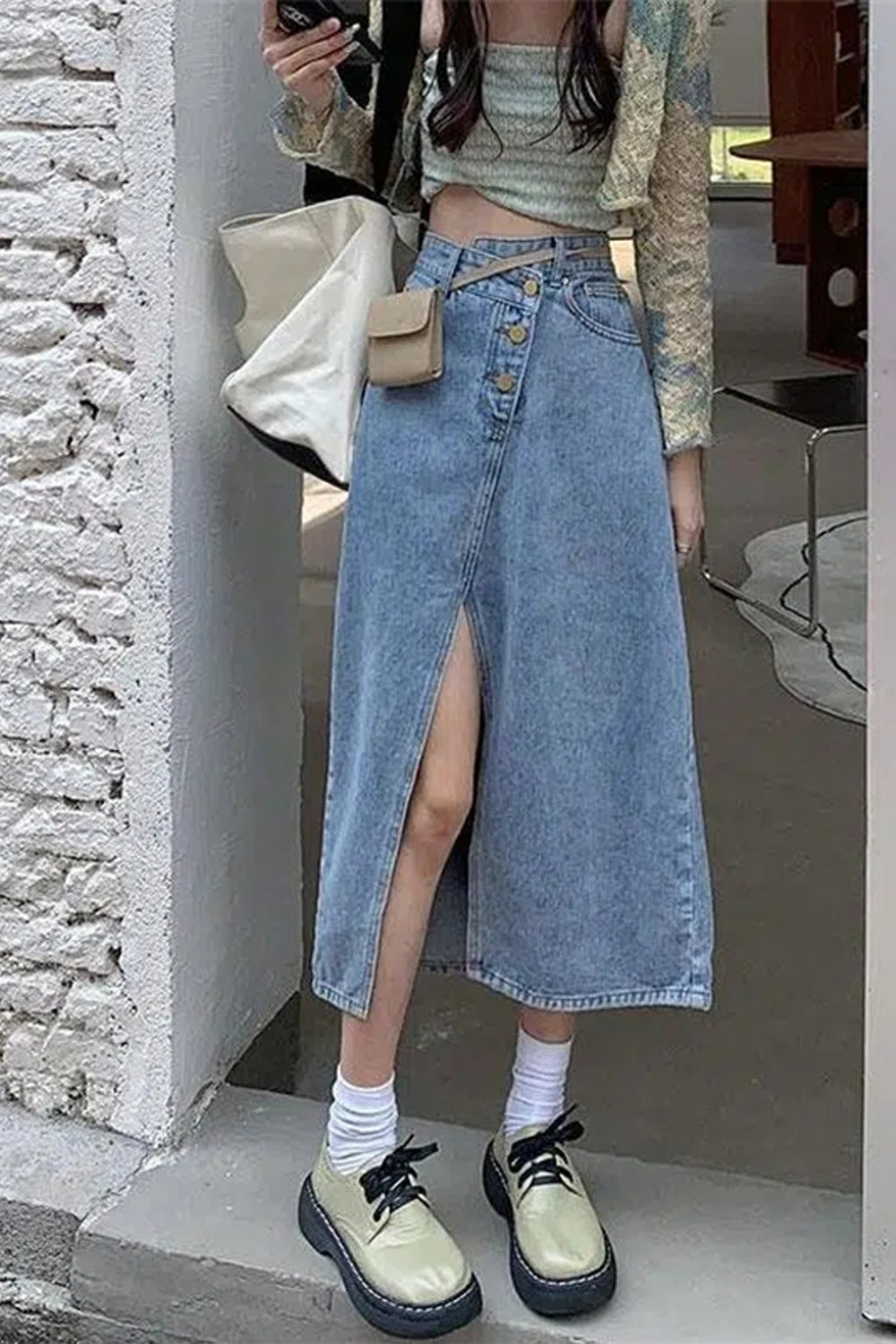 High Waist Irregular Split Denim Skirts - Fashionpara