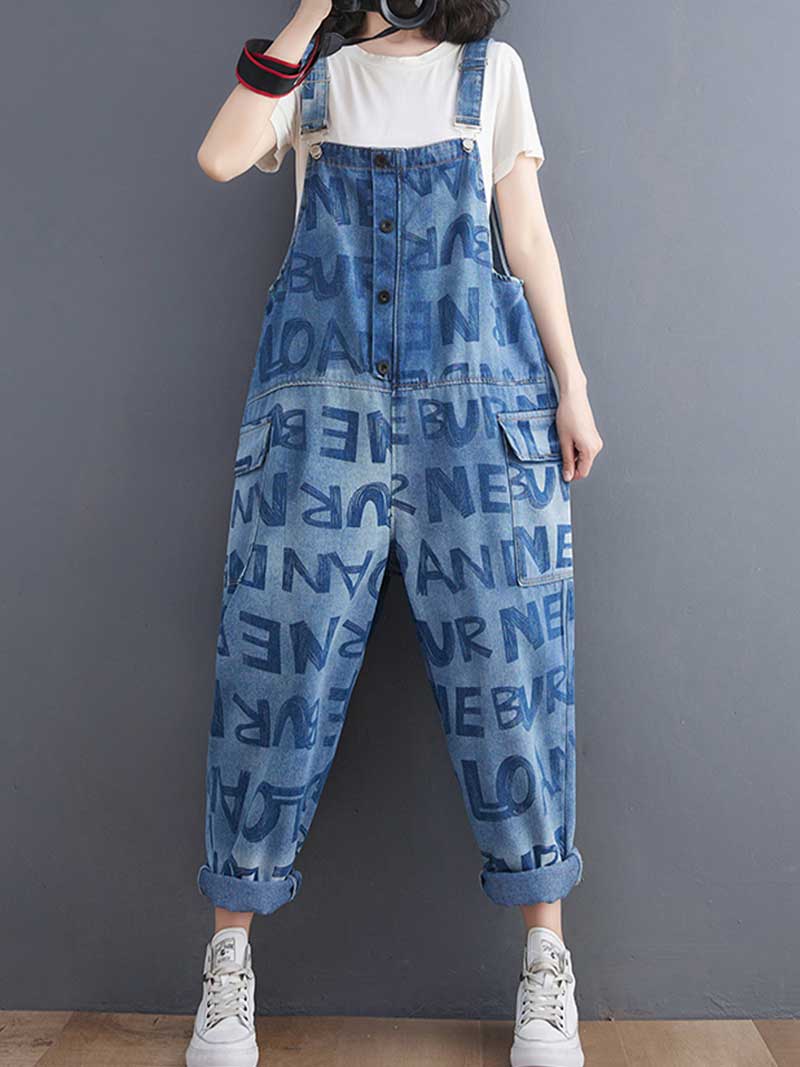 Alphabets Letter Print Denim High Waist Overalls Dungaree - Fashionpara