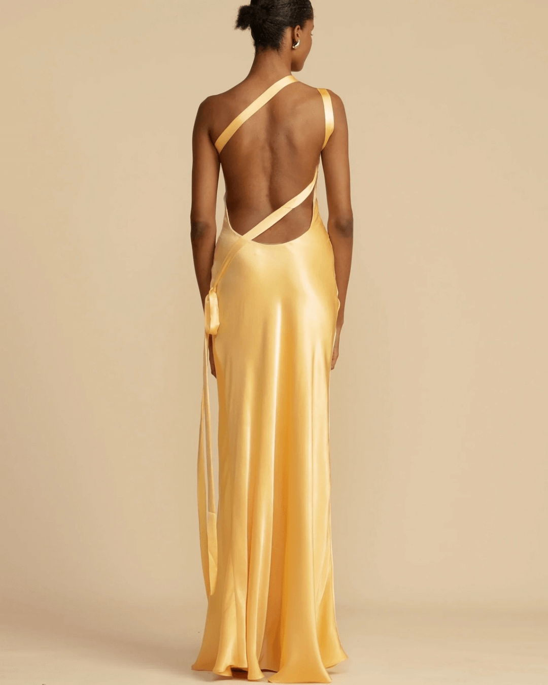 Elastic Waist Satin Drape Yellow Maxi Dress - Fashionpara