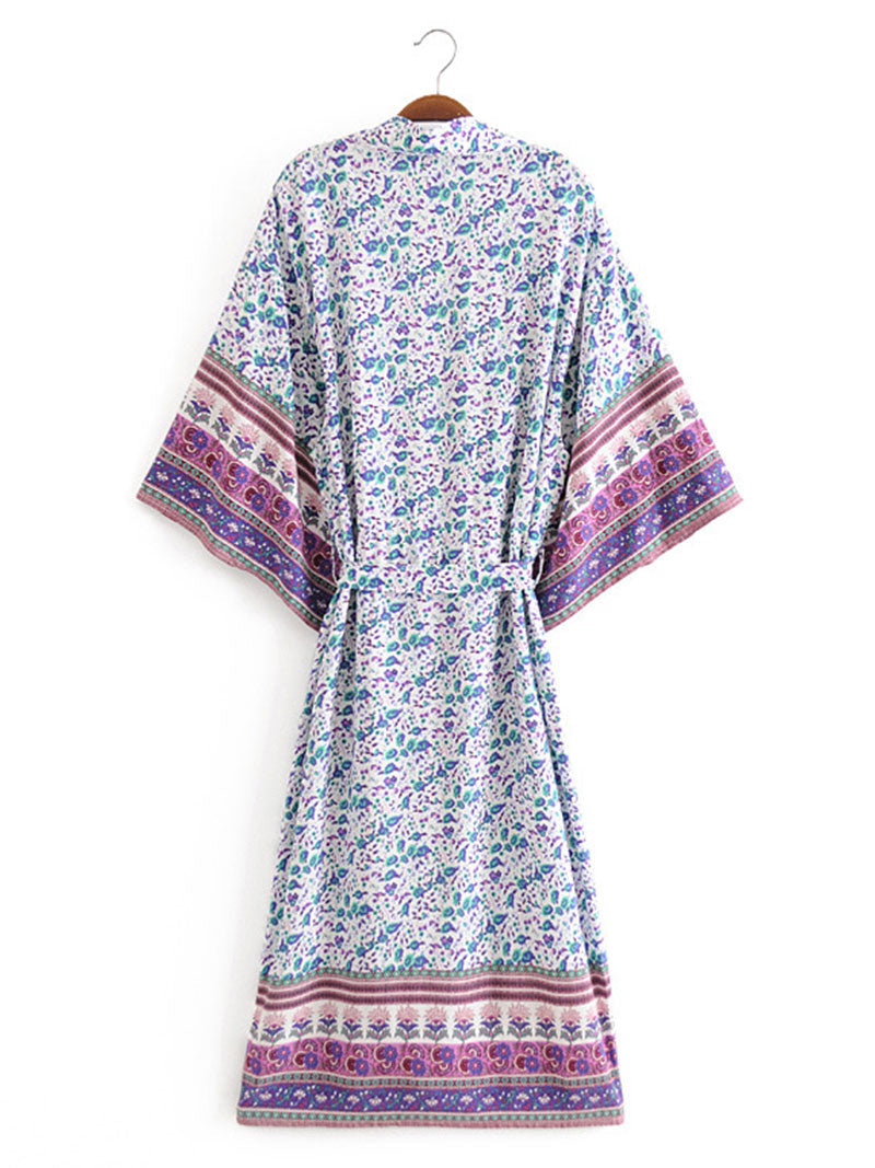 Beachwear Floral Print Pink & Blue Color Cotton Long Length Gown Kimono Duster Robe 8