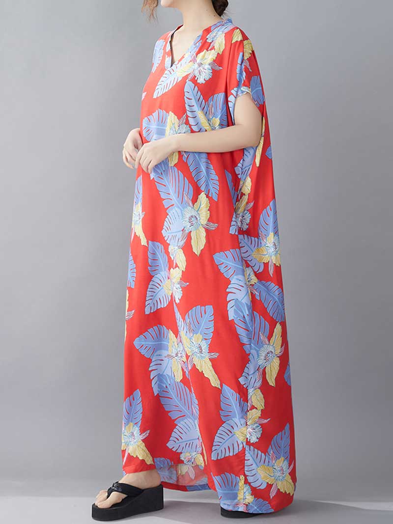 Leaf Print V-Neck Short Sleeve Kaftan Maxi Dress 4