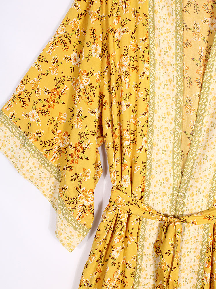 Bridal Party Wear Floral Print Yellow Color Cotton Long Length Gown Robe Kimono
