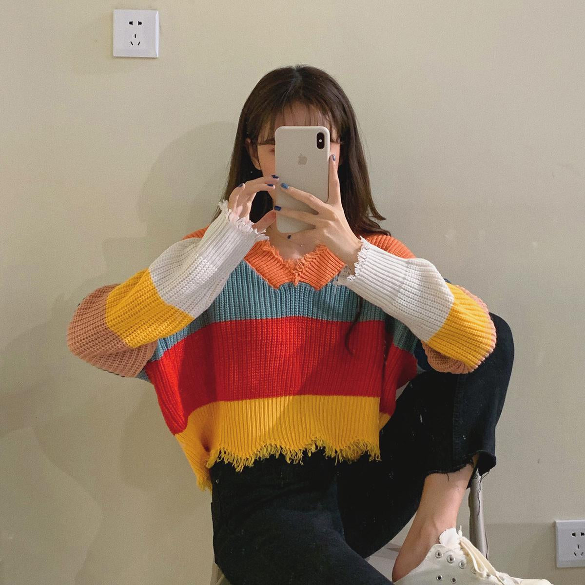 KittenAlarm - V-Neck Colorful Striped Tassel Sweater