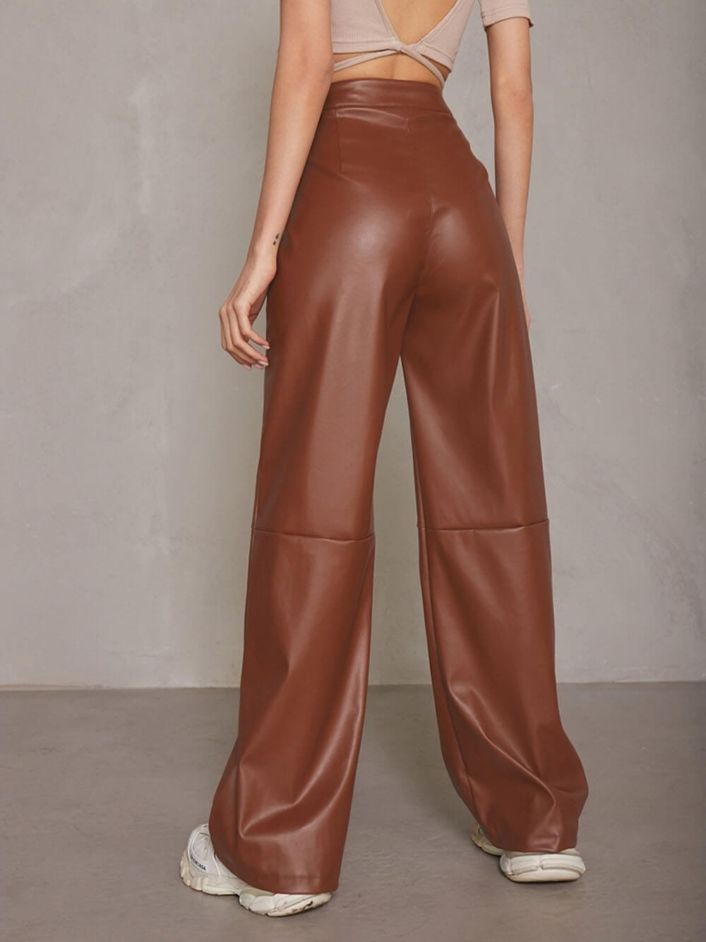 Casual High Waist PU Wide Leg Pants - Fashionpara