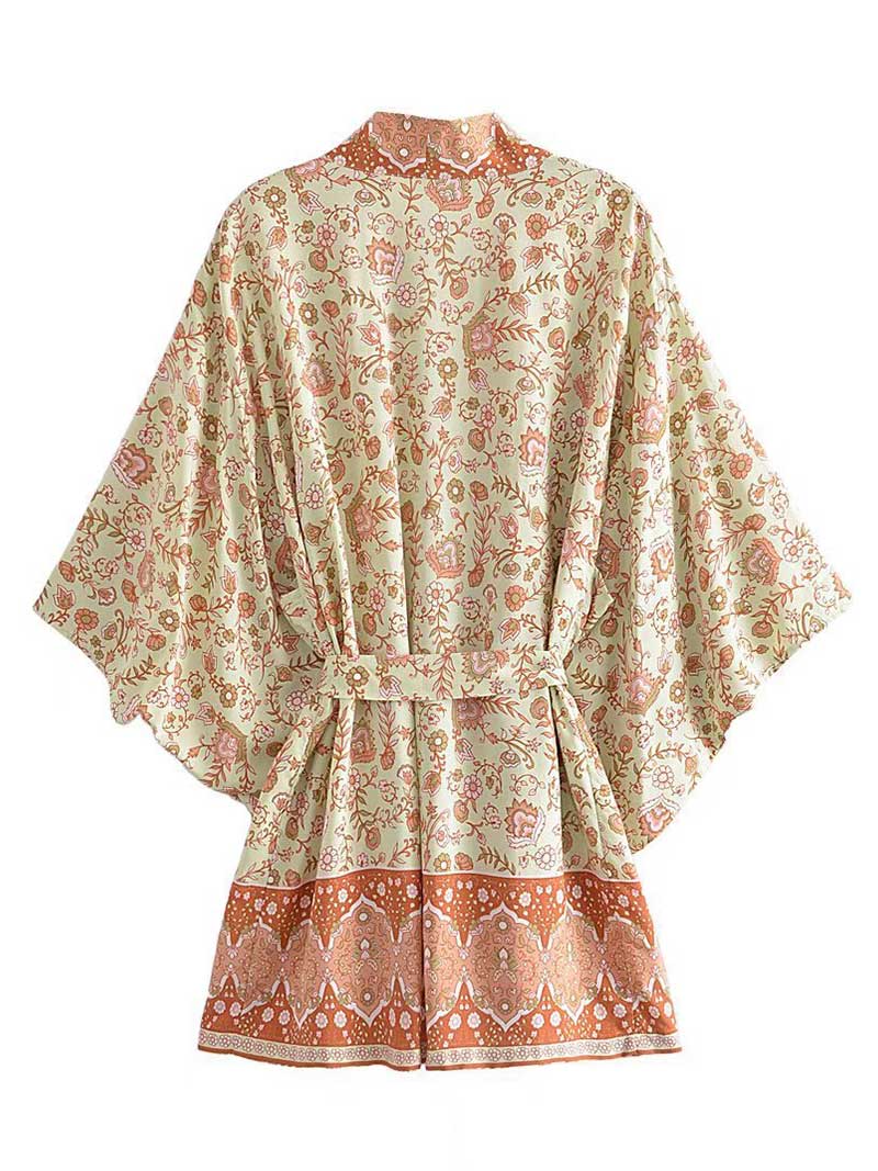 Short Floral Print Brown, Purple Orange Color Cotton Short Length Gown Kimono Duster Robe - Fashionpara