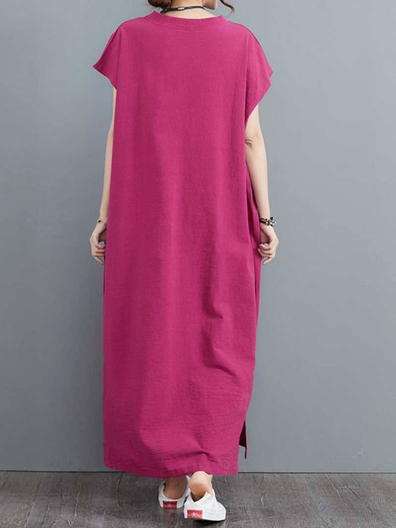 Hemp Material Plain Short Sleeves With Double Side Pocket A-Line Dress - Fashionpara