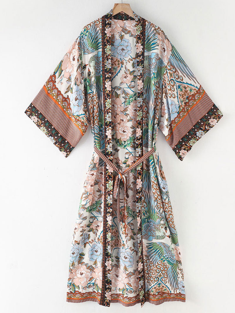 Beachwear Cotton Long Length Floral With Birds Print Blue, White & Green Color Gown Kimono Duster Robe - Fashionpara