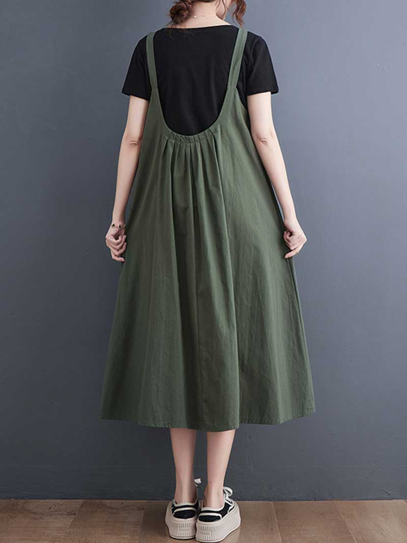Plain Cotton Round-Neck Salopette Dress - Fashionpara