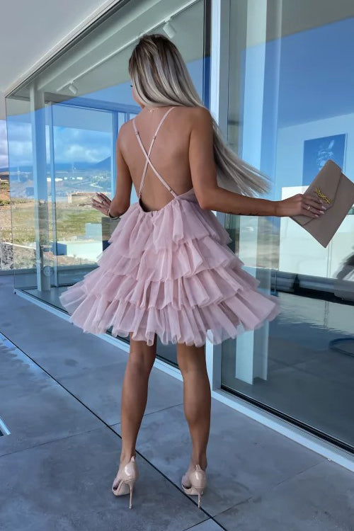 Tulle V-Neck Spaghetti Strap Tiered Ruffle Mini Dress - View 6