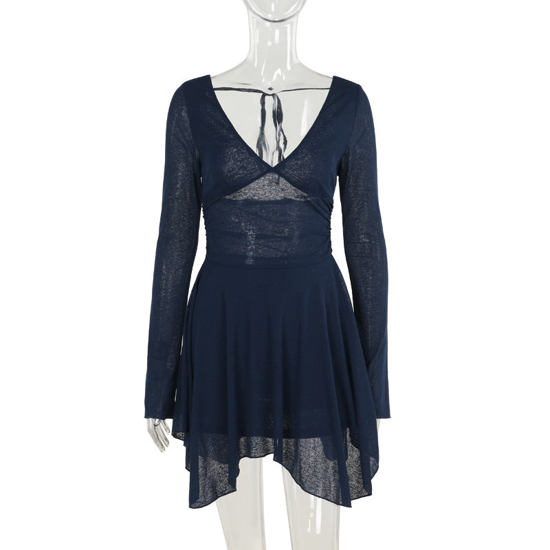 Knit Deep-V Long-Sleeve Ruched Flared Mini Dress 4