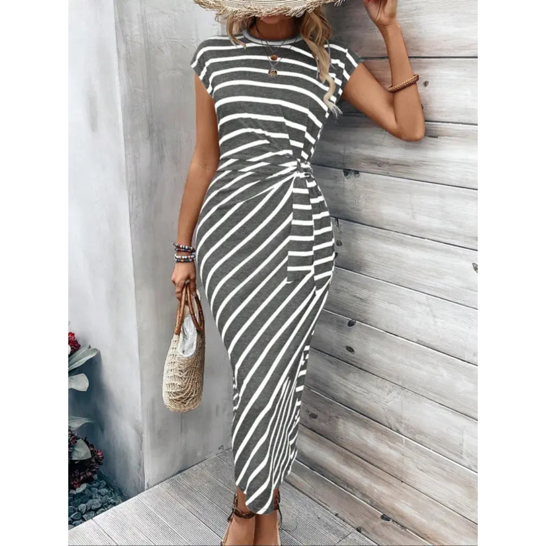 Striped Round Neck Cap Sleeve Twist Front Bodycon Midi Dress 4