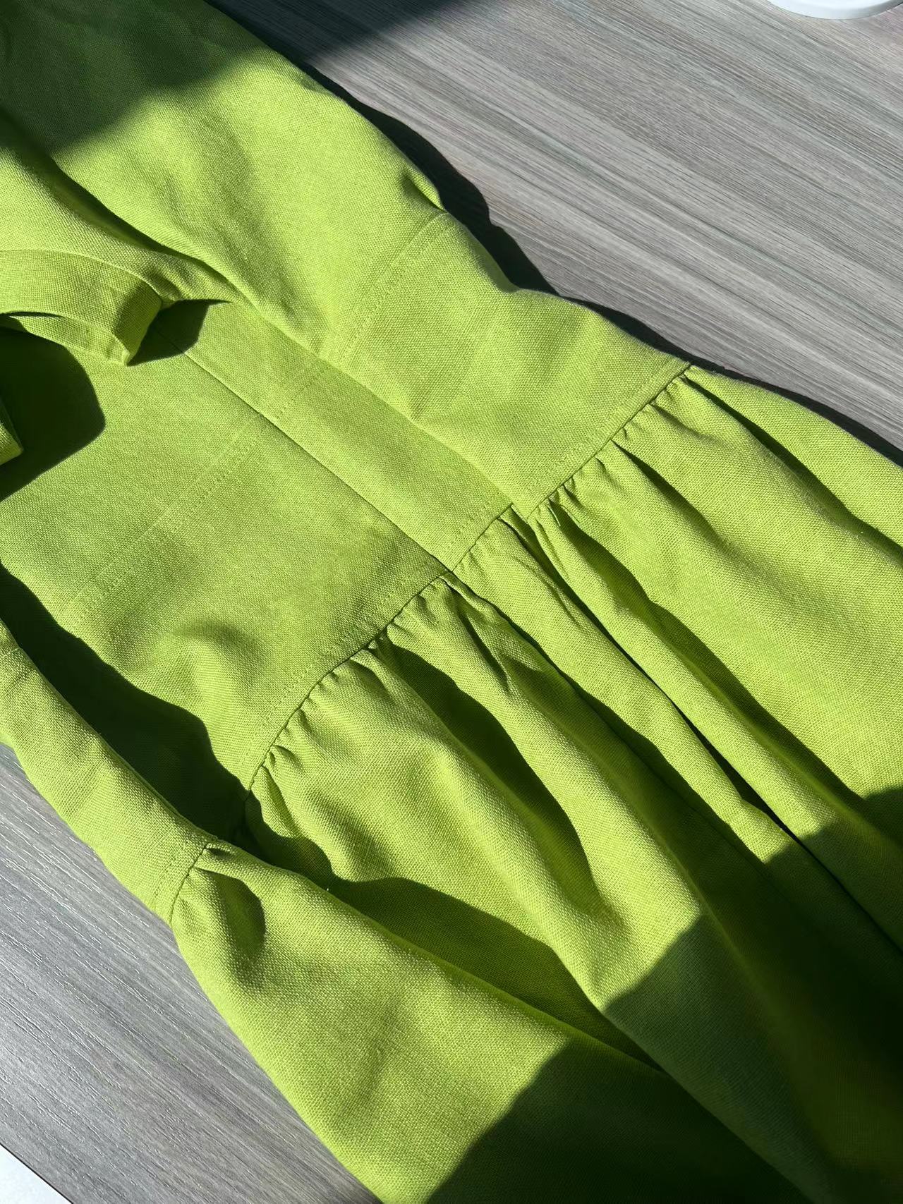 2023 New Linen Grass Green Midi Dress - Fashionpara