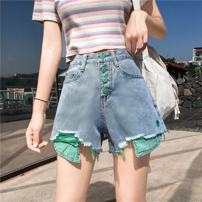 KittenAlarm - High Waist Contrast Colorful Denim Shorts Jeans