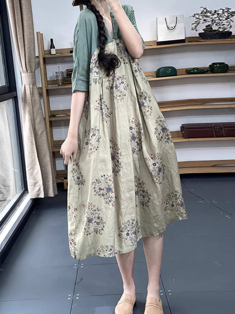 V-neck Retro Printing A-Line Dress - Fashionpara