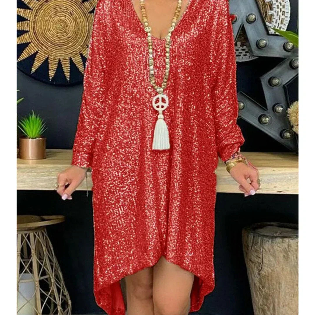 Sequin Deep V-Neck Long Sleeve Shift Mini Dress - View 4