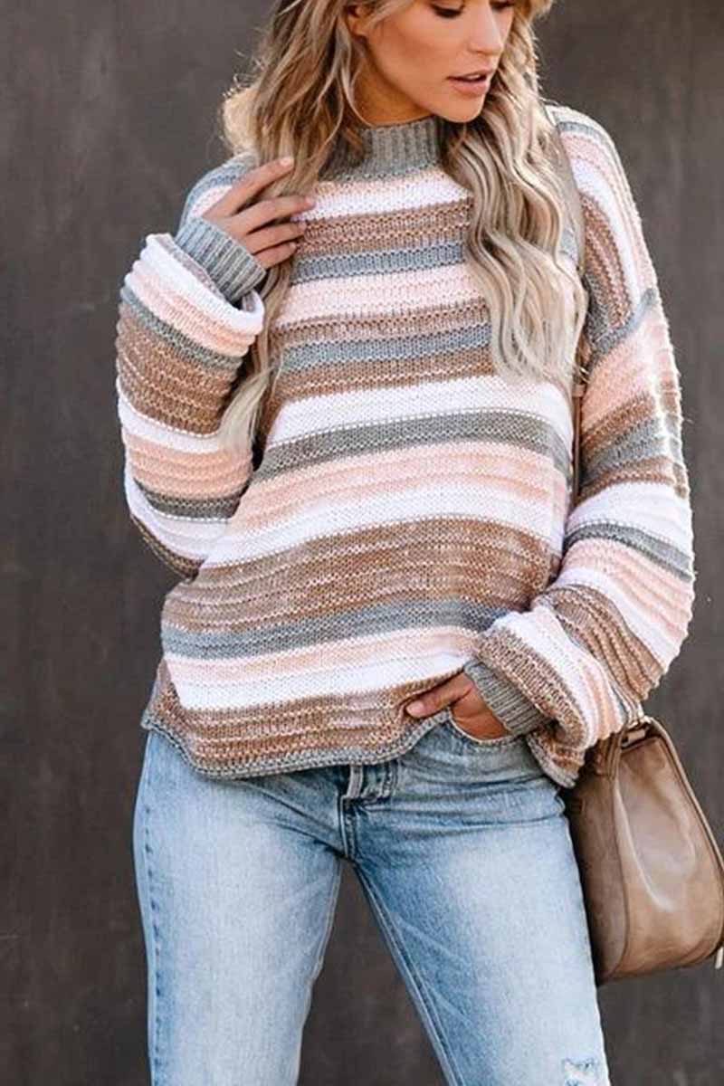 Florcoo Long-Sleeved O-neck Striped Sweater for Elegance