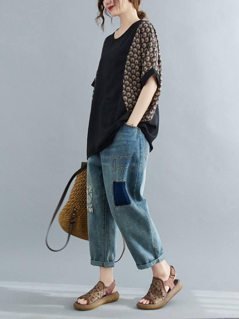 Look At The Sky Round Neck Loose Top - Fashionpara