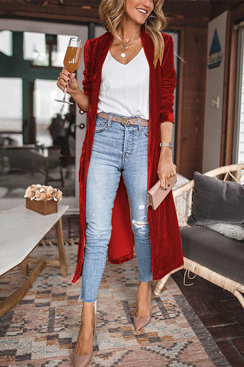 Stylish Open Front Long Sleeve Velvet Long Coat - Fashionpara