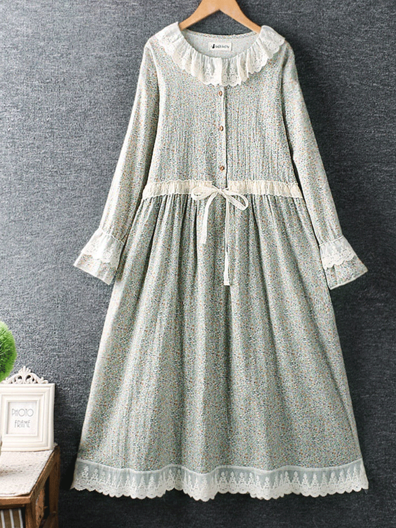 Ditsy Floral Print Lace Collar Long Sleeve Midi Dress - View 3