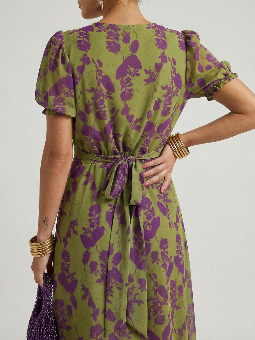 Floral Print Wrap V-Neck Puff Sleeve Midi Dress 4