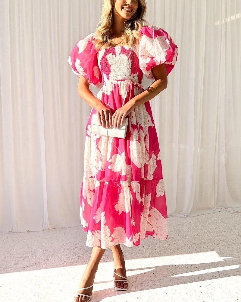 Elegant printed one-shoulder puff-sleeve dress - Fashionpara