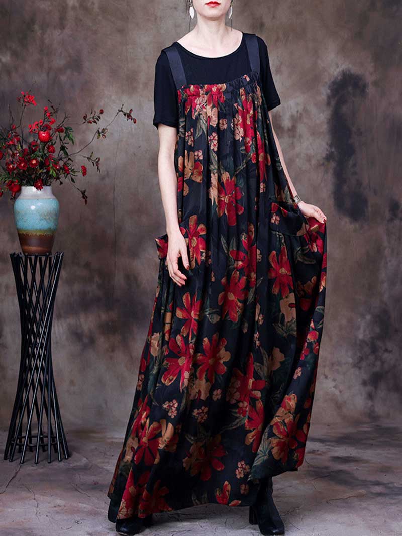 Always Glowing Printed Pleated Pocket Maxi Salopette Dress - Fashionpara