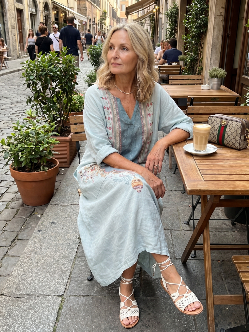 Ornate Medallion Print V-Neck Long Sleeve Linen Look Maxi Dress 4