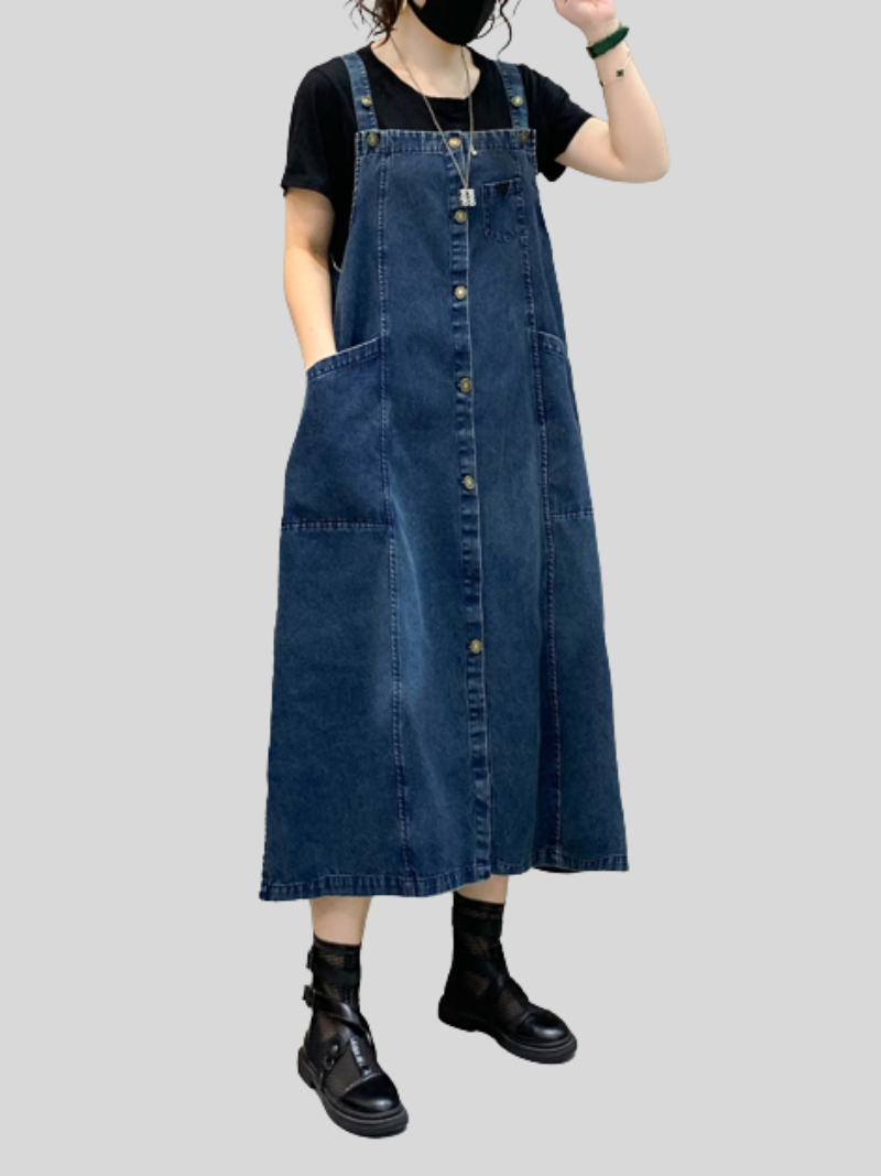 Denim Button-Front Suspender Strap Pocket A-Line Midi Dress
