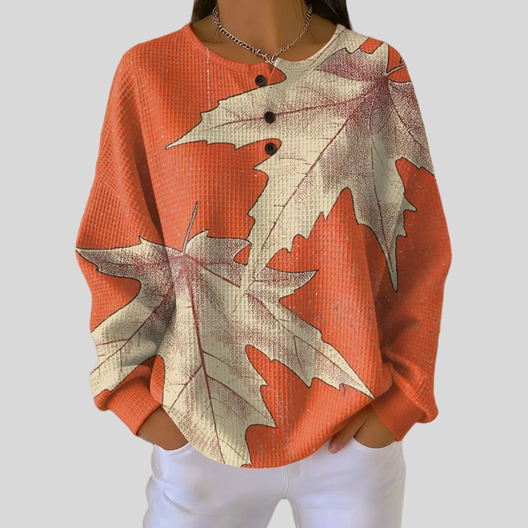 Maple Leaf Print Henley Waffle Knit Sweatshirt