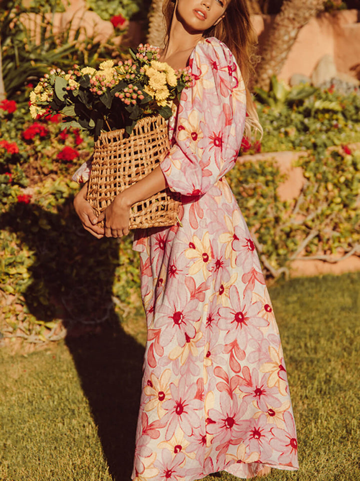 Pastel Blooms Puff Sleeves Midi Dress - Fashionpara