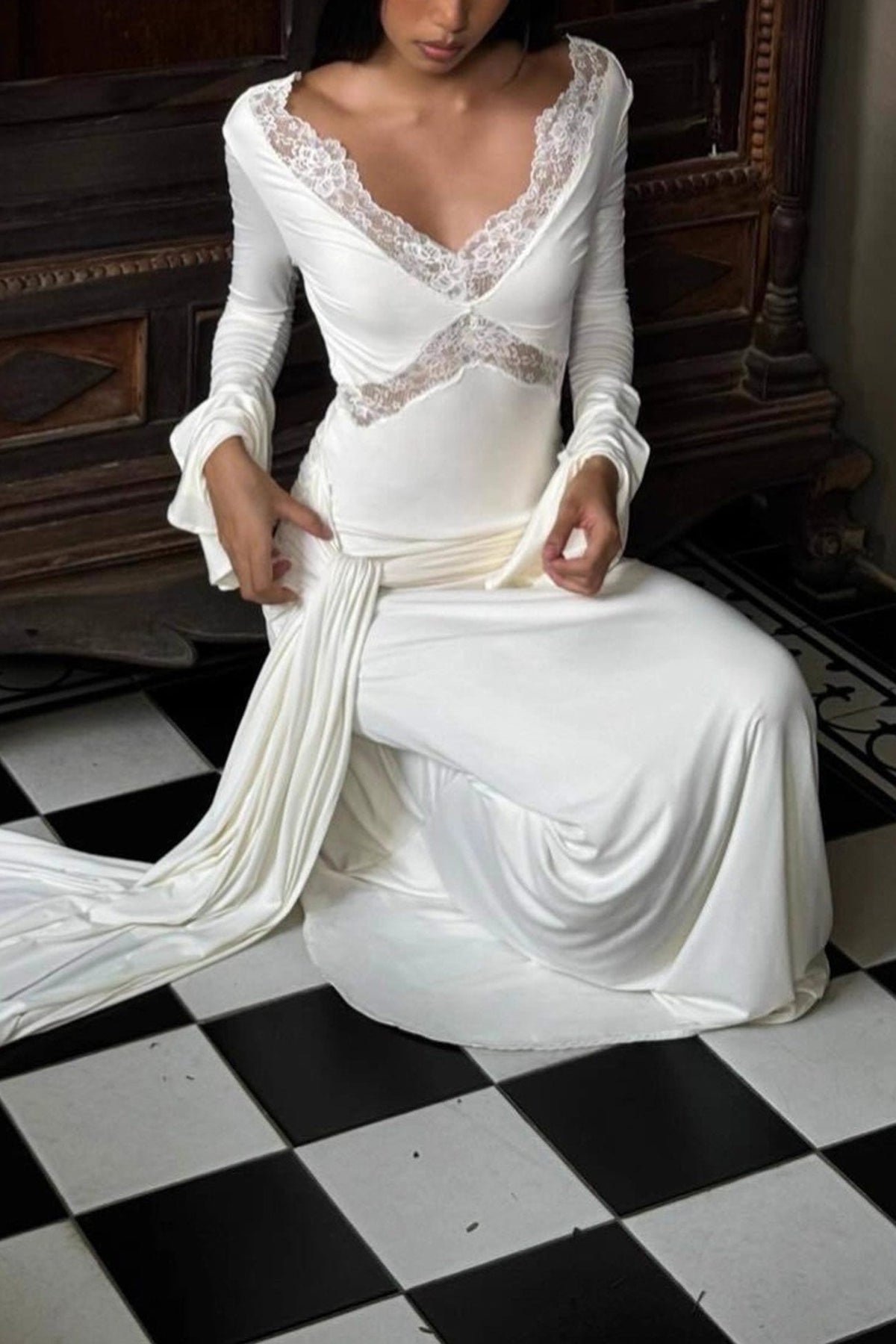 Lace Patchwork Flare Sleeve Tie-up Maxi Dress - View 3