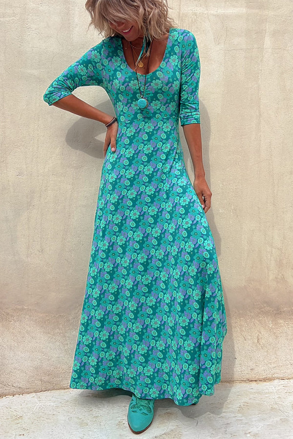 Floral Half Sleeve Elastic Maxi Dress - Fashionpara
