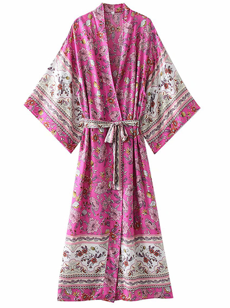 Plant Flowers Print Rose-Red Color Cotton Long Length Gown Kimono Duster Robe - Fashionpara