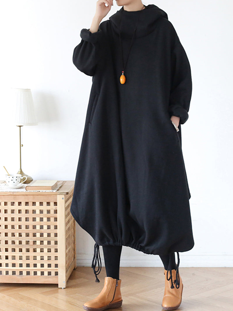 Hooded Drawstring-Hem Long-Sleeve Lantern Sweatshirt Dress 8