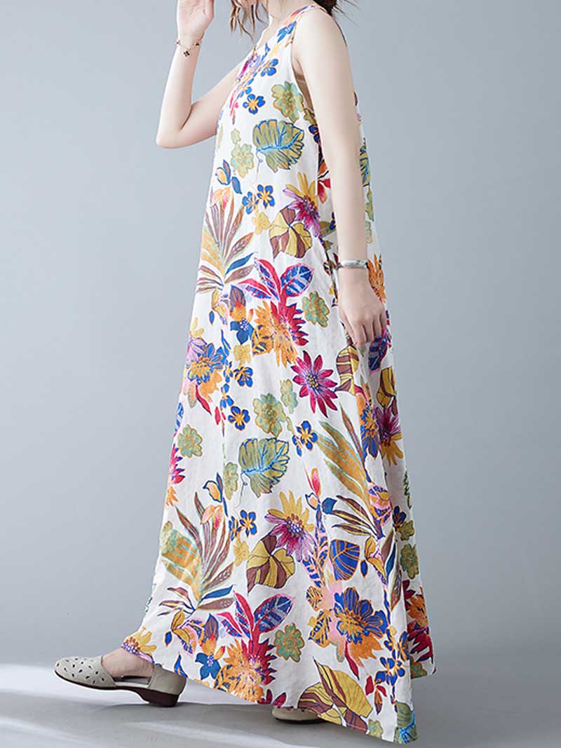 Sleeveless Cotton Floral A-Line Dress - Fashionpara
