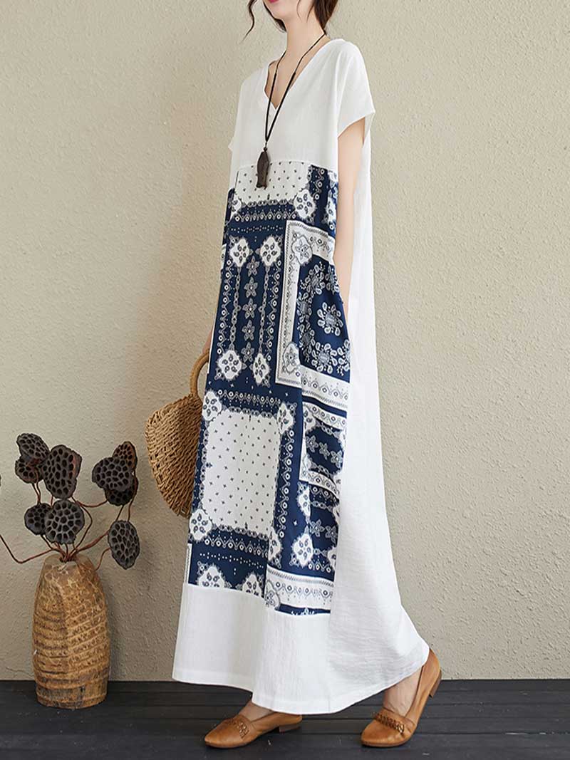 Printed White Short Sleeves Kaftan Dress 3