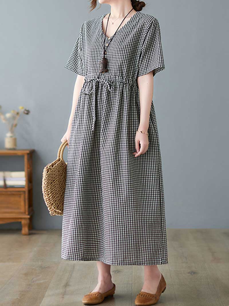 Hey Woman Small Plaid Cotton Smock Dress - Fashionpara