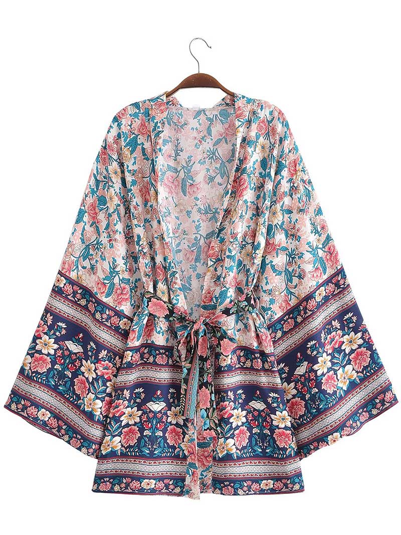 Short Kimono With Floral Print Blue, Pink, & White Color Gown Kimono Robe - Fashionpara