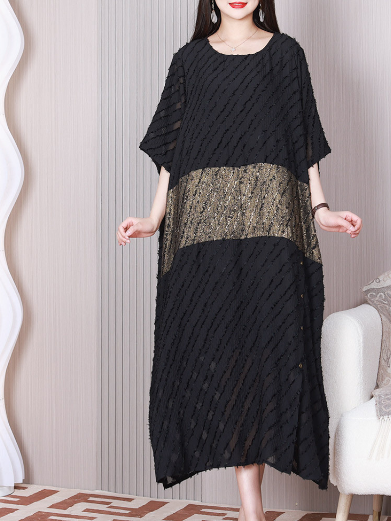 Textured Metallic Panel Round Neck Batwing Oversized Maxi Dress 3