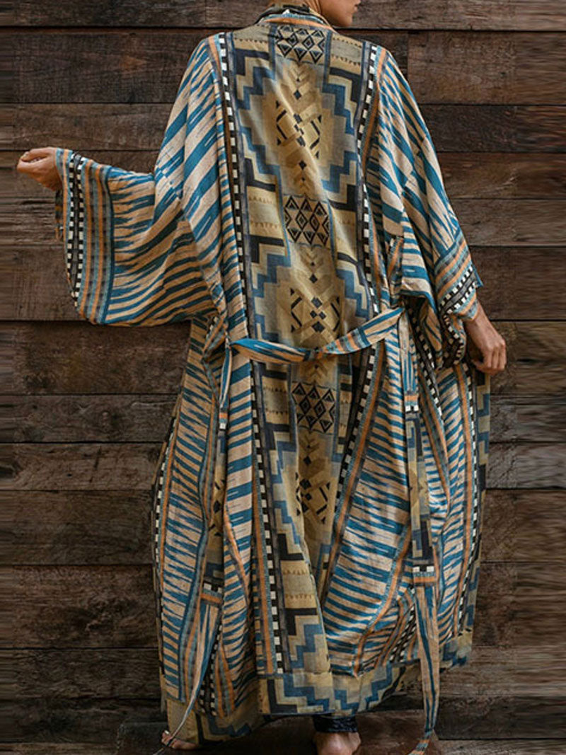 Printed Red & Blue Color Cotton Long Length Gown Kimono Duster Robe - Fashionpara