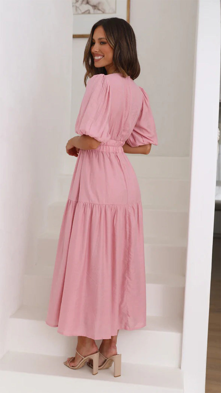 Deep V-Neck Puff-Sleeve Smocked-Waist Tiered Midi Dress 2