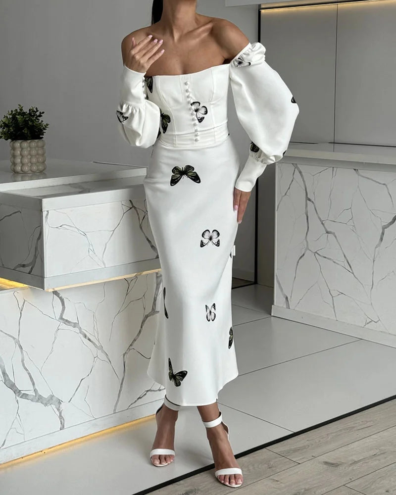 Elegant Square Neck Butterfly Print Fishtail Dress - Fashionpara