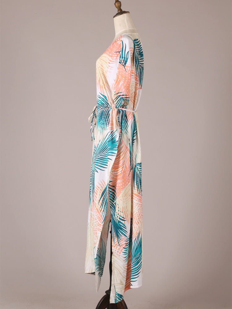 Picnic Partywear Leaf Print Beige Color Cotton Long Length Gown Kimono Duster Robe - Fashionpara