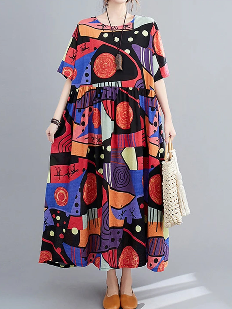 Floral Print Round Neck Short Sleeve Smock Maxi Dress 4